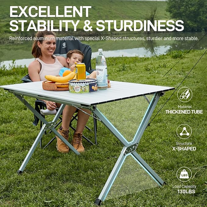 EVER ADVANCED Folding Camping Table, Aluminium Roll Up Table for Different Terrains, Collapsible Table for 4-6 People, Fold Up Lightweight with Carry Bag for Picnic Garden BBQ, Silver, 130LBS