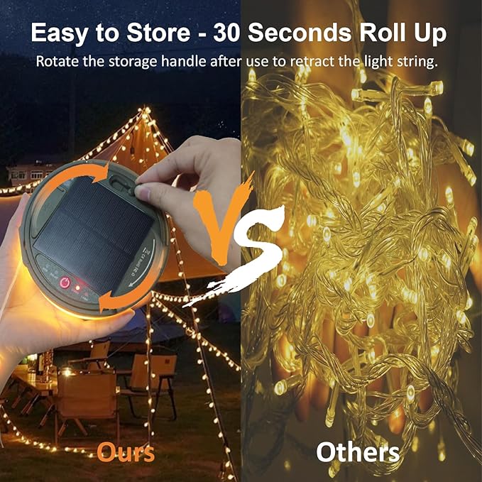 Solar Camping String Lights, 39.4FT Portable Waterproof Camping Light with 8 Lighting Modes, Solar Powered and USB Rechargeable Tent Lantern with Remote Control for Camping, Yard, Garden and Hiking