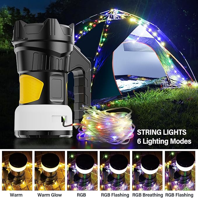 Camping Lantern with 48Ft Retractable String Lights, 4000mAh Rechargeable Spotlight with 4 Lighting Modes for Camping, Working, Home Emergency