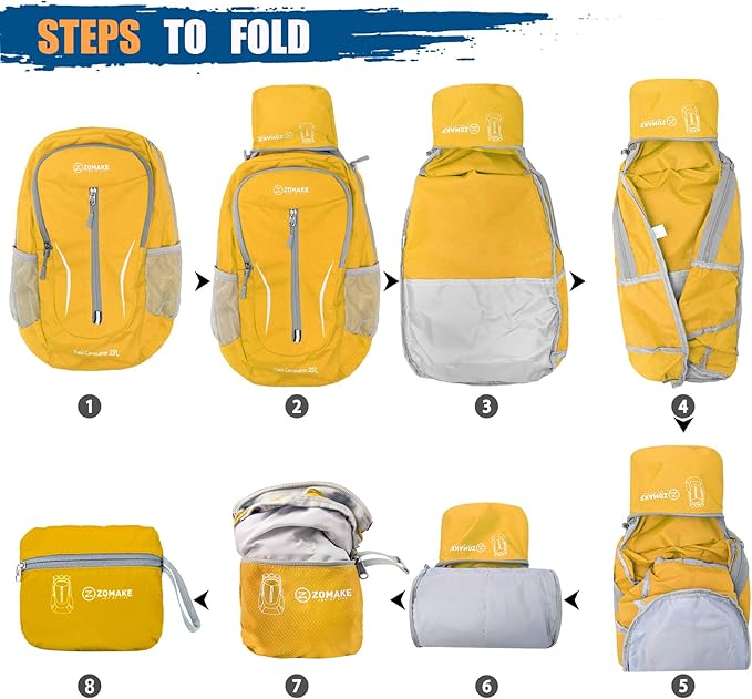 ZOMAKE Ultra Lightweight Packable Backpack 25L, Foldable Hiking Backpacks Water Resistant Small Folding Daypack for Travel(Yellow)