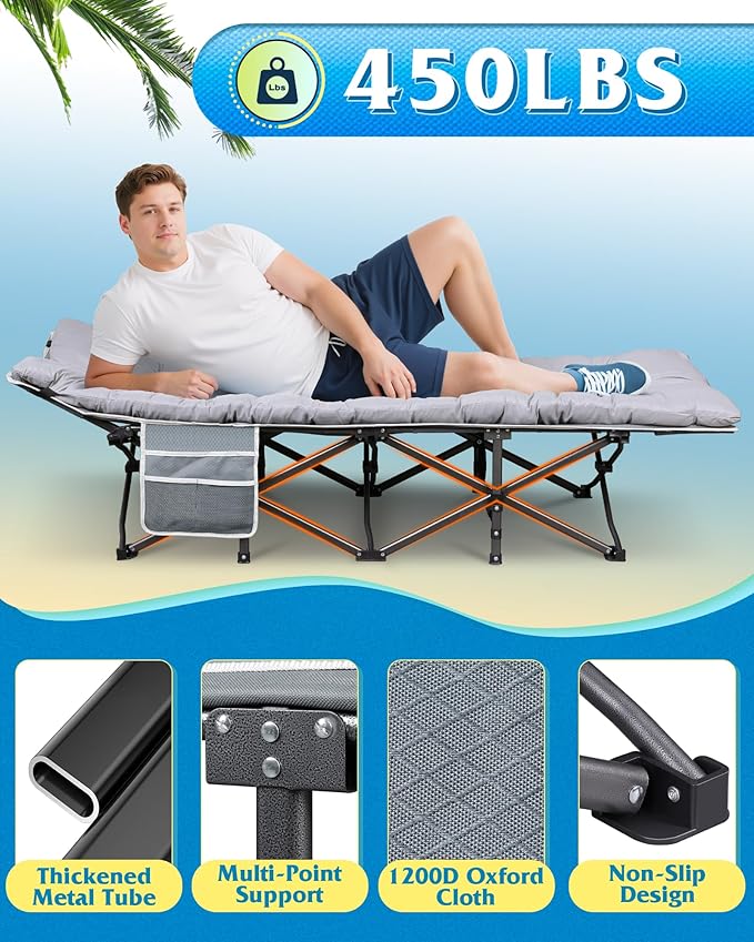 WLIVE 1200D Double Layer Oxford Camping Cots for Adults, Folding Cots for Sleeping with Mattress, Outdoor Folding Bed with Carry Bag, Portable Camping Bed for Sleeping, Resting, Camping, Greige