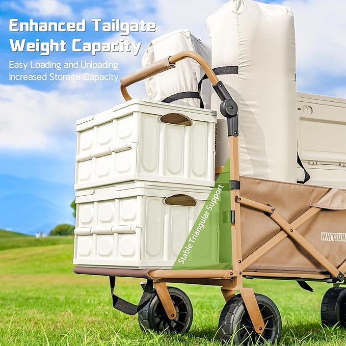 Whitsunday Collapsible Folding Beach Wagon Cart, Double Push Bar Wagon with Tailgate, 360° Rotating Wheels Heavy Duty Utility Camping Grocery Wagon with Wheels Khaki