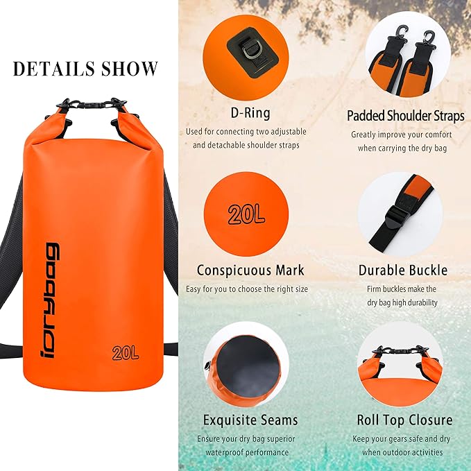 IDRYBAG Dry Bags for Kayaking Waterproof 2L/5L/10L/15L/20L, Small Dry Bag Waterproof Floating, Dry Sack Waterproof Bag for Paddleboarding Travel