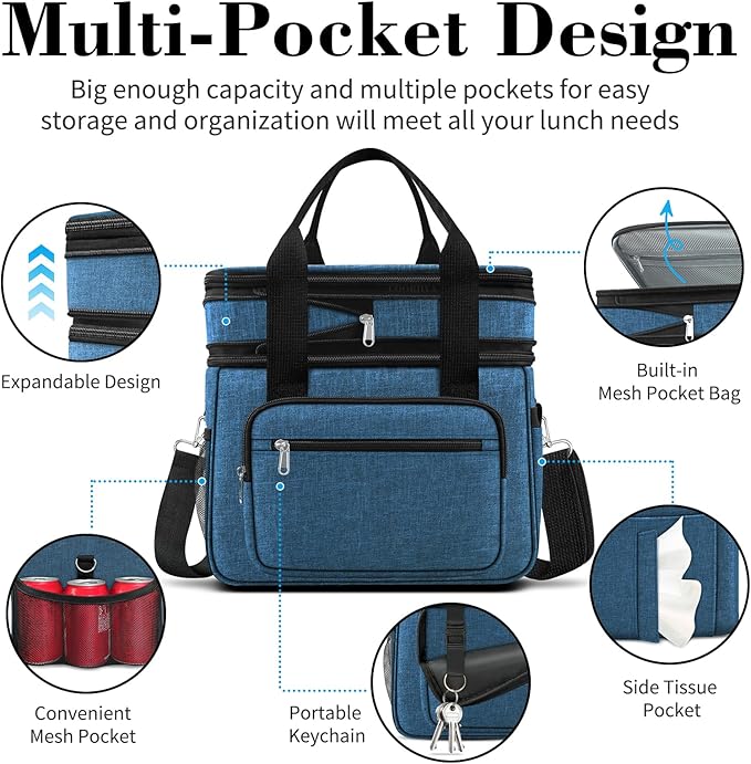 23L Extra Large Expandable Insulated Cooler Lunch Box for Men Double Deck Leakproof Heavy Duty Lunch Bag with 4 Ice packs&2 Snack Bags for Adult/Construction/Women/Work/Picnic/Camping - Blue