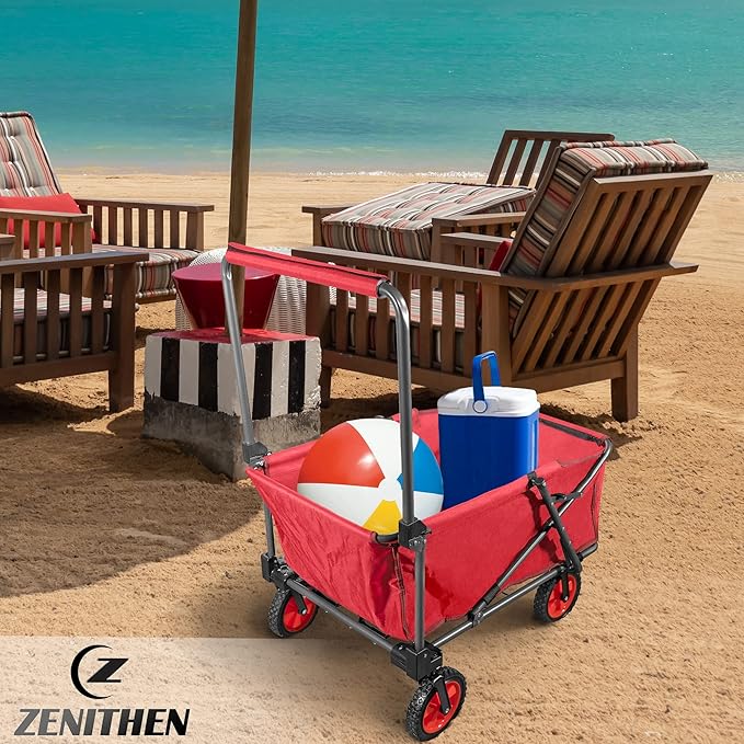 Zenithen Limited Portable Folding Work Wagon, Perfect for Camping, Beach Trips, and Sporting Events, Storable with an Adjustable Handle, Red (Pack of 1)