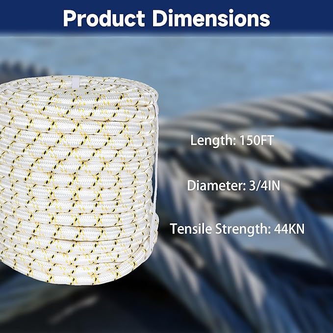 Arborist Tree Rope, 3/4inch by 150FT, 24 Strand Bull Rope up to 44KN Tensile Strength, White, Yellow, Black