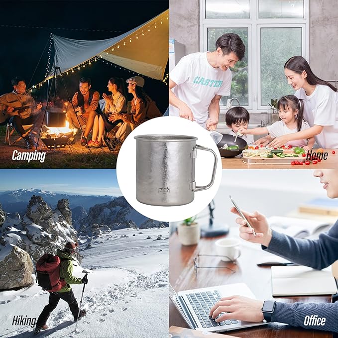 TiTo Titanium Cup Titanium Pot with Lid Ultralight Portable 450ml Foldable Handle Camping Tea Coffee Water Mug for Outdoor Backpacking Hiking Picnic Drinkware with Mesh Sack (Gold)