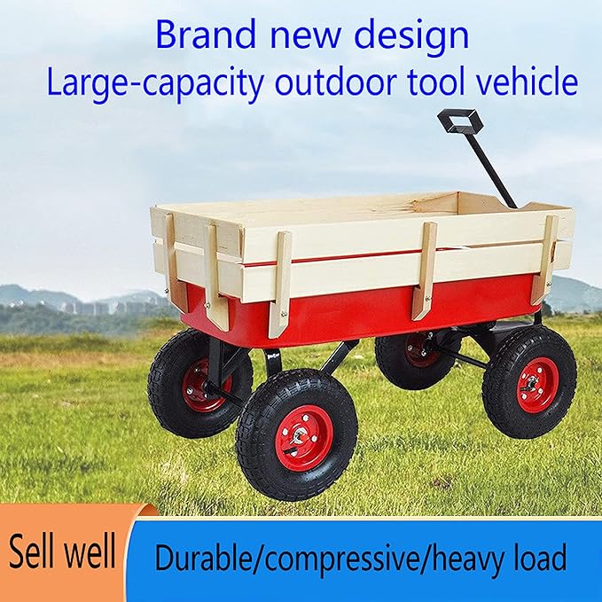 Outdoor Sport Wagon Tool Cart Wooden Side Panels Air Tires Buggy with Adjustable Handle,Detachable Wood Fence,for Outdoor Activities, Beaches, Gardens,Camping,39.37",Red