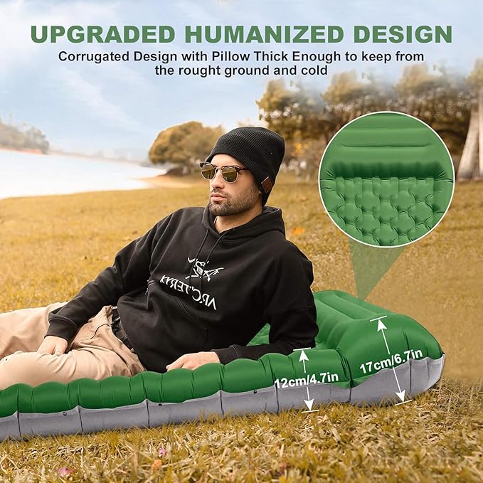 MINGPINHUIUS Camping Sleeping Pad with Pillow: Extra Thick 4.7 Inch Ultralight Self Inflating Air Mat, Connectable 50D Insulated Sleep Mattress for Backpacking, Camp, Hiking, Tent (Olive Green)