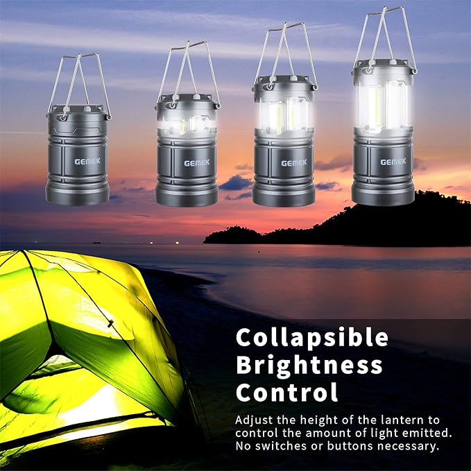 GEMEK Camping Lantern, 2 Portable LED Battery Powered Lantern with Magnetic Base & Foldable Hanging Hook- Collapsible Lamp Perfect for Power Outages, Hiking, Campsites, Roadside Car Repair (Gray)