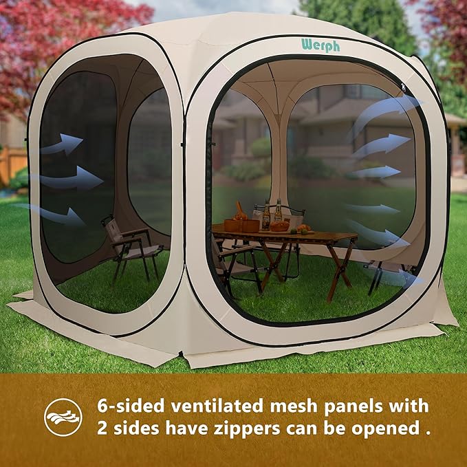 Pop Up Screen Tent Canopy, Portable Screen Canopy with Mosquito Net, Outdoor Screen Room Tent 12 x12 FT with Carry Bag for Lawn & Garden, Parties，Beige