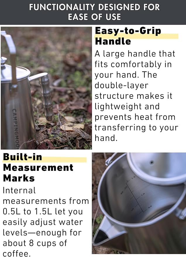 camping moon Stainless Steel Coffee Percolator Pot 1.5L (8 Cups) – Durable One-Piece Body, Gooseneck Spout & Removable Lid – Perfect for Camping & Outdoor Use SW-7