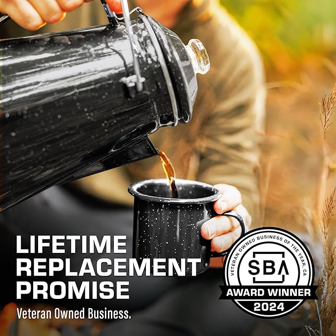 COLETTI Classic Enamel Set Coffee Percolator & Mugs — The Most Nostalgic Camping Coffee Pot, Now Modernized [Black Enamel, 12 Cup Percolator Coffee Pot & Set of 4 Mugs]