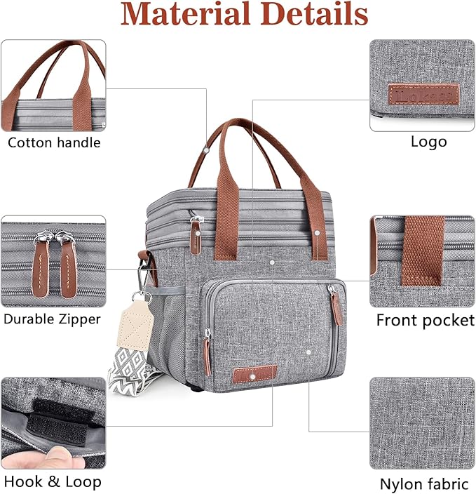 LOKASS Lunch Box for Women/Men-16L-Insulated Lunch Bag, Expandable Double-layer Leakproof Cooler Bag with Upgrade Adjustable Shoulder Strap Ideal for Work/Travel/Picnics（Gray）