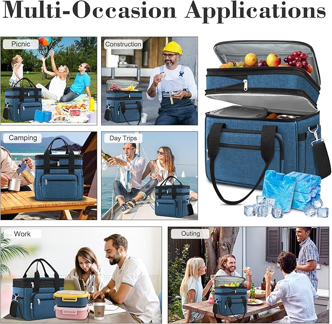 23L Extra Large Expandable Insulated Cooler Lunch Box for Men Double Deck Leakproof Heavy Duty Lunch Bag with 4 Ice packs&2 Snack Bags for Adult/Construction/Women/Work/Picnic/Camping - Blue