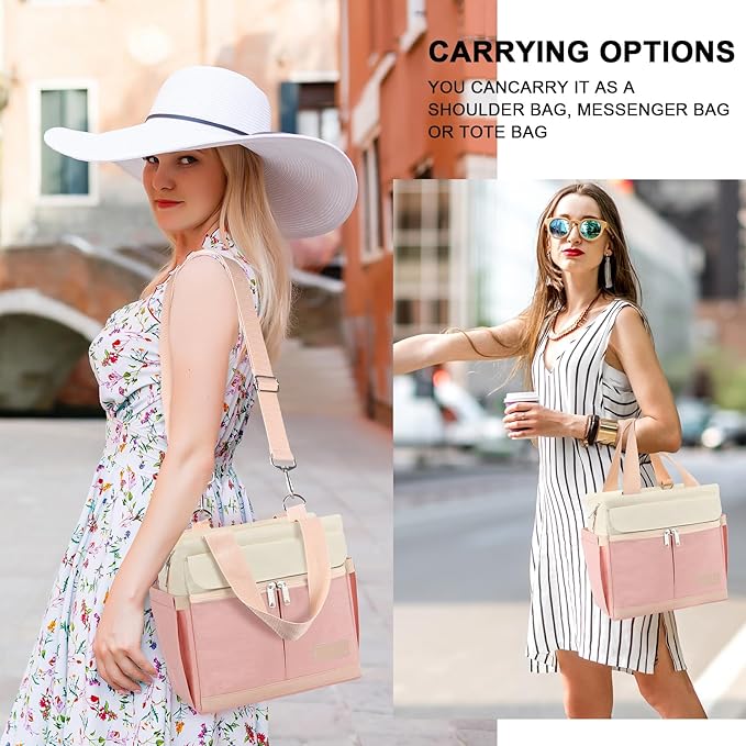 Joymee Lunch Box for Women Insulated Lunch Bag with Shoulder Strap Reusable Leakproof Large Spacious Lunch Cooler Tote for Women Adult with Bottle Holder and Side Pockets for Work Picnic - Pink