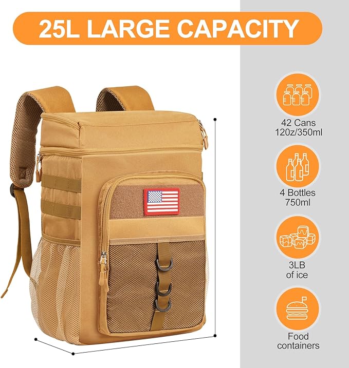 Tactical Backpack Cooler, 25L Cooler Backpack Insulated Leak-Proof, Heavy Duty Large Lunch Backpack, Waterproof Ice Chest Backpack, Cooler Lunch Backpack for Hiking,Travel, Outdoor,Khaki