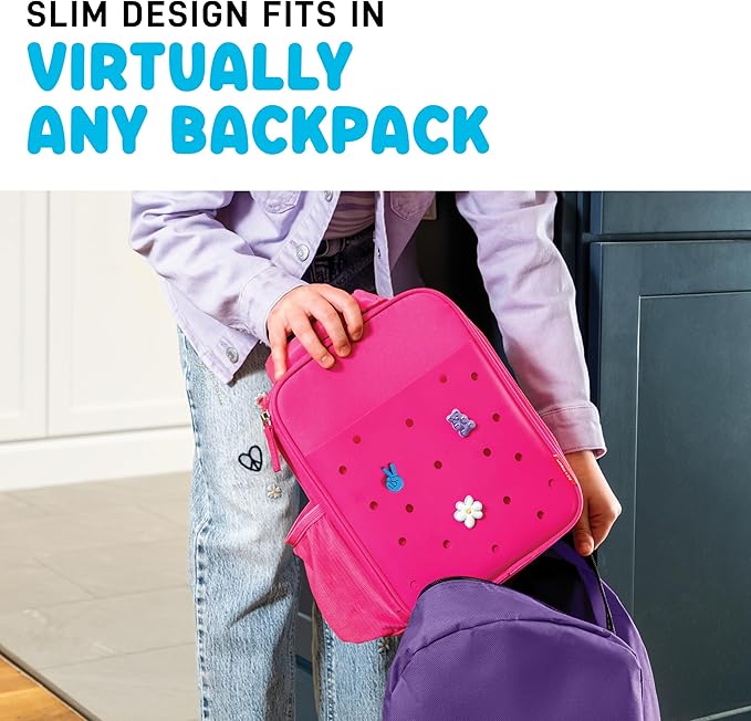 Fit & Fresh Charm Lunch Bag For Kids, Thermal Insulated Lunch Box For Kids Boys & Girls With Shoe Charm Slots For Personalization, School Lunch Box, Pink