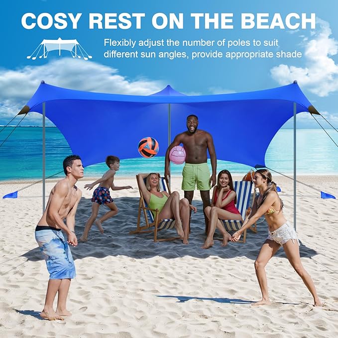Rhino Valley Beach Tent Sun Shelter, 10x10FT Beach Canopy Tent Sun Shade UPF50+ Protection with 8 Sandbags 4 Stability Poles, Outdoor Beach Shade Canopy 6-8 People for Beach Camping Fishing