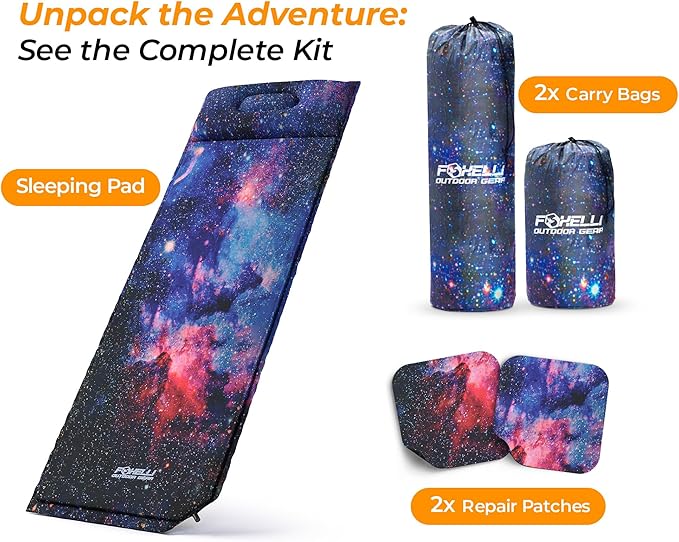 Foxelli Self Inflating Sleeping Pad for Camping, Backpacking, Hiking, Insulated Foam Lightweight Camping Mat, Inflatable Camp Mattress with Pillow