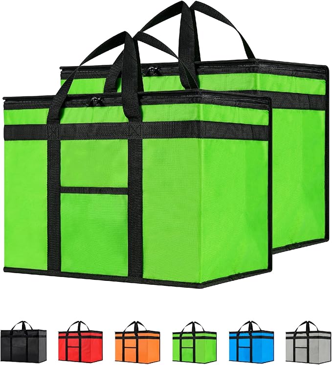 NZ home Insulated Cooler Bag and Food Warmer (XL Plus, 2 Pack) for Delivery & Grocery Shopping with Zippered Top, Green