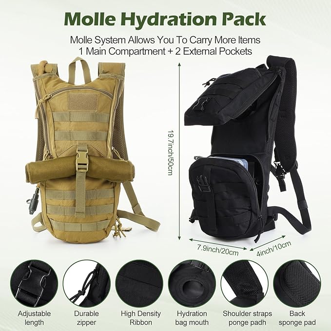 Liliful 2 Set Tactical Hydration Backpack with 3l TPU Water Bladder Tactical Molle Water Backpack Hydration Pack for Men Women Hiking Biking Running Climbing