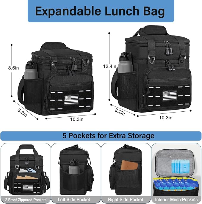 Lunch-Box-Cooler-Bag - Insulated Tactical Lunchbox for Men Women - Large Lunch Pail for Adults Work Outdoor Shifts Trips with American Flag