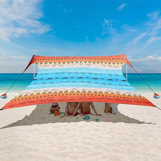 Beach Tent, Beach Canopy Sun Shade Sail UPF 50+, Portable 10×10 FT Camping Sun Shelter with Sandbags, Poles, Ground Pegs and Anti-Wind Ropes for Outdoor, Backyard, Picnics, Sport, Fishing