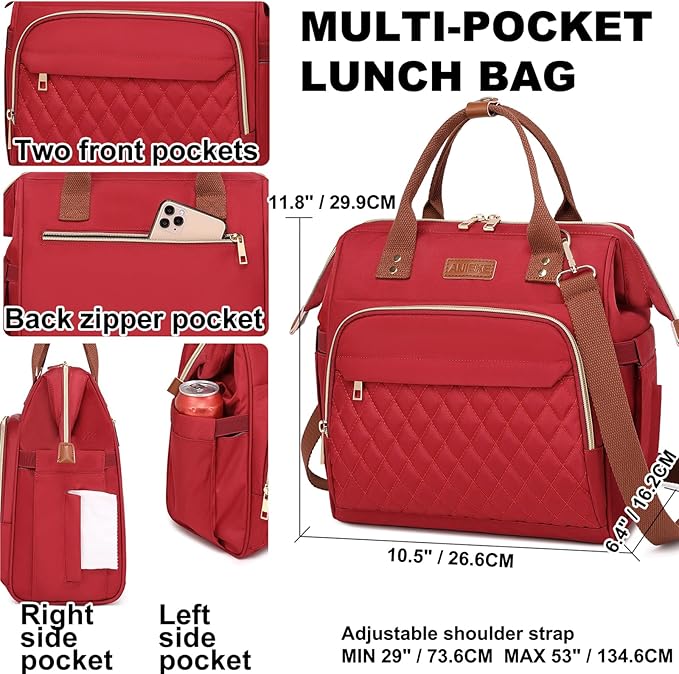 AIJIEKE Lunch Bag for Women, Large Lunch Box for Work Insulated Lunch Bag, Adult Leak Proof Lunch Tote Cooler Bag with Side Pockets & Adjustable Strap, Lunch Purse for Picnic Beach Hiking, Red