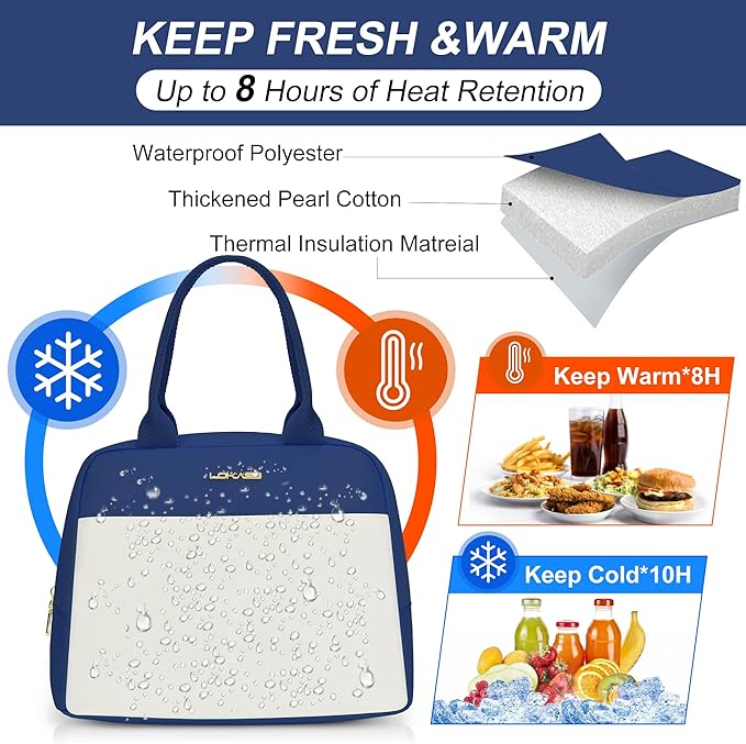 LOKASS Lunch Bag for Women-Insulated Adults Lunch Box with Front Pocket- Small Cute Lunch Tote for Work-Reusable Cooler Bag for Office Picnic Beach or Travel（Dark Blue）