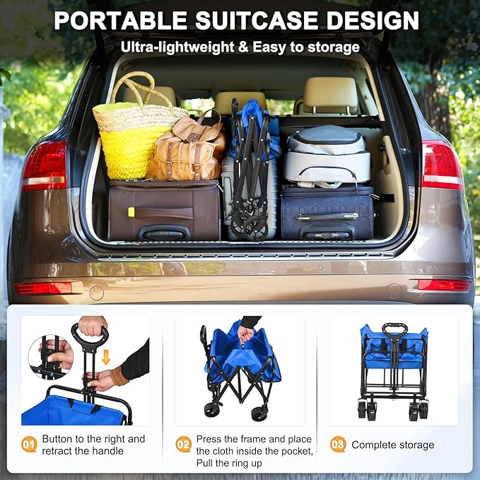 Wagons Carts Foldable, 330LBS Beach Wagon Collapsible with All-Terrain Wheels Portable Utility Folding Cart for Beach/Grocery/Garden/Fishing/Camping/Shopping/Outdoor/Travel, Blue