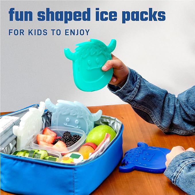 Cool Coolers by Fit & Fresh Kids Lunch Box Ice Packs, Slim Shaped Ice Packs for Lunch Bags and Coolers, Reusable Lunch Ice Packs, Multicolored, Yeti Shape, 4PK