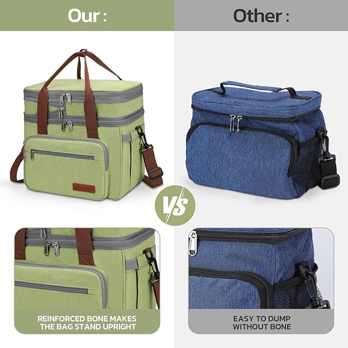 Maelstrom Lunch Bag Women,23L Insulated Lunch Box For Men Women,Expandable Double Deck Lunch Cooler Bag,Lightweight Leakproof Lunch Tote Bag With Side Tissue Pocket,Green