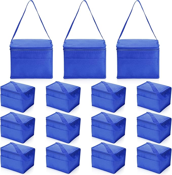 Nuogo 15 Pack Insulated Lunch Bags Bulk, Reusable Cooler Boxes, Leakproof Lunch Boxes Set, Waterproof Thermal Coolers, Insulated Beverage Bag for Women Men Work School Picnic Beach(Blue)