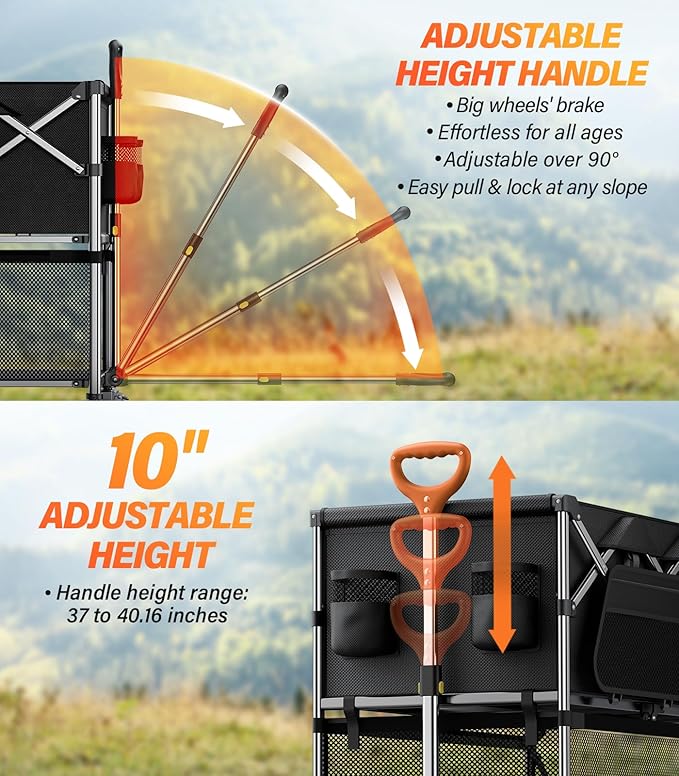 Collapsible Wagon Double Decker, Large Capacity Foldable Wagons Carts Dark Black