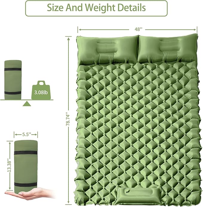 Double Sleeping Pad for Camping, 2 Person Ultralight Inflatable Sleeping Mat with Pillow and Built-in Foot Pump, Portable Camping Mattress for Tent, Backpacking, Hiking, Traveling（Green