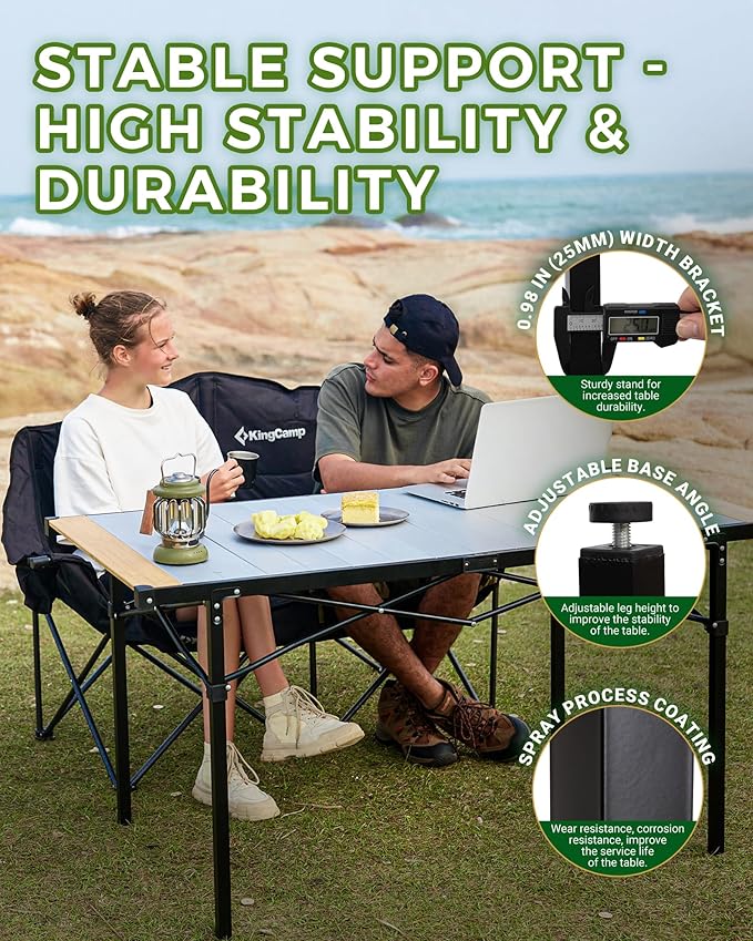 KingCamp Folding Camping Table, Aluminum Roll-Up Camp Table, Large Foldable Table for 6-8 Person, Outdoor Portable Tables with Carry Bag, 180 LBS Heavy Duty Load (Bamboo：53.5“x27.5”，6-8 People)
