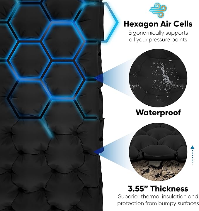 POWERLIX Sleeping Pad for Camping with Built in Pillow, Foot Pump Inflatable Camping Mat Bed, Lightweight Outdoor Camping Air Mattress Camping Pad for Backpacking Hiking Travelling Black