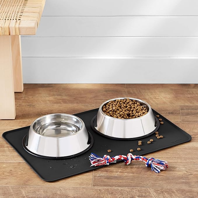 Amazon Basics Waterproof Anti-Slip Silicone Cat & Dog Food Mat, Pet Mats with Raised Edges for Food and Water Bowl to Protect Floors, 24 x 16 Inches, Black, Solid