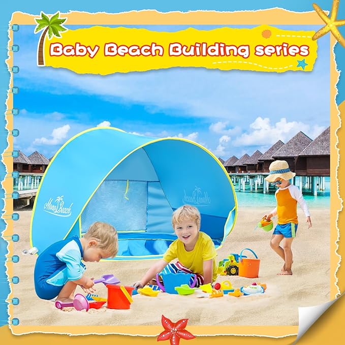 Monobeach Baby Beach Tent with Sand Toys Pop Up Portable Shade Pool UPF50+ UV Protection Sun Shelter for Infant with Easy Set Up Canopy (Blue with Sand Toys)