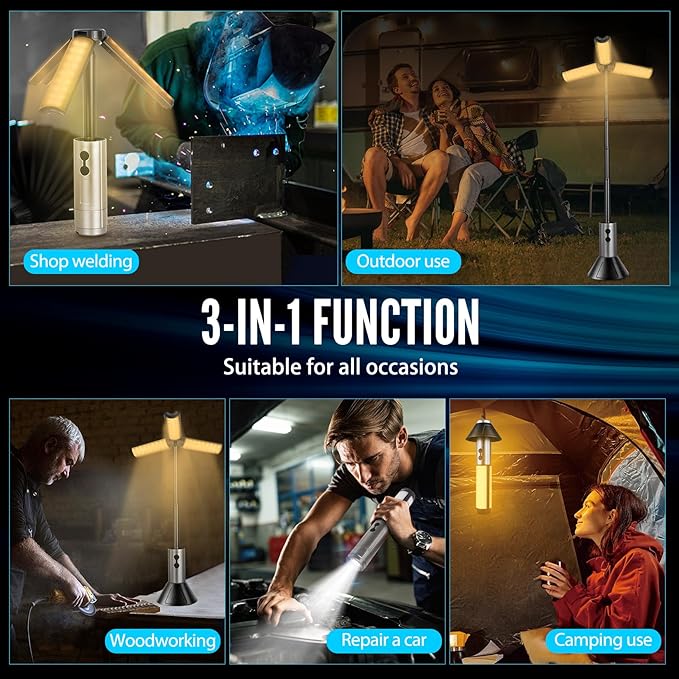 Rechargeable LED Camping Light, 3000mAh Telescopic Camping Light 3 Page Head 5 Lighting Modes Cordless Waterproof Camping Flashlight Lantern for Power Outages Indoor, Hiking Outdoor