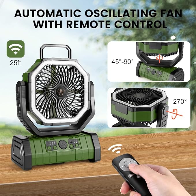 Odoland 30000mAh Camping Fan with LED Lantern, Rechargeable Battery Operated Oscillating with Remote Hook Stroage Bag, Portable Tent Fan with Timer, 4 Speeds for Outdoor RV Jobsite Power Outage, Green