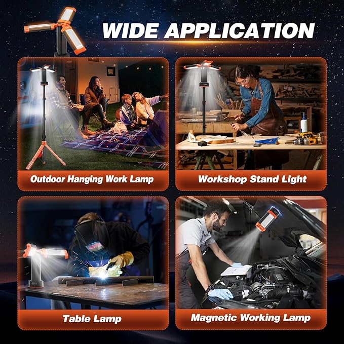 Saker Portable Camping Light with Stand 73.2" Rechargeable Work Light 800/3200 Lumen 4000/6500K Dimmable Camping Light for Outdoor Work, Power Outages, Fishing LD10 Orange