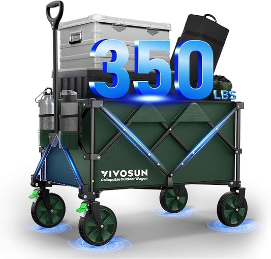 VIVOSUN Collapsible Folding Wagon, 350 lb Load-Bearing Outdoor Utility Cart with Silent Universal Wheels, Cup Holders &Side Pockets, Adjustable Handle, for Camping, Garden, Sports, Picnic, Shopping