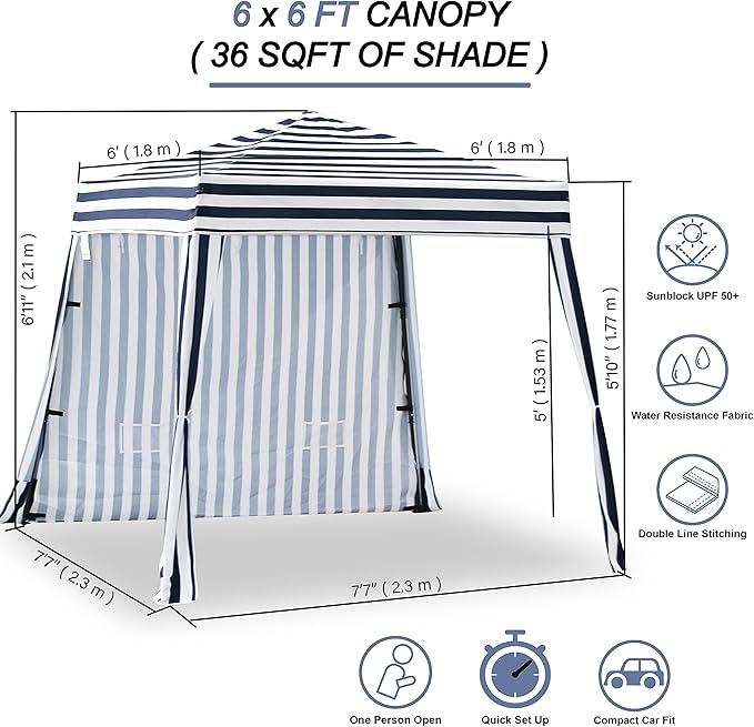 EzyFast Compact Pop Up Canopy Tent, Collapsible Instant Shelter,Portable Sports Cabana, with Built-in Weight Bags, 8 x 8 ft Base / 6 x 6 ft Top for Camping,Hiking,Fishing,Picnic (Classical Stripe)