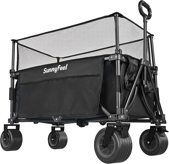 SunnyFeel Heavy Duty Collapsible Outdoor Utility Wagon Cart 500LB Capacity Adjustable Handlebar,Foldable Beach Wheels Stable Durable Oxford Fabric for Shopping Garden Camping (Black, Tall Version)