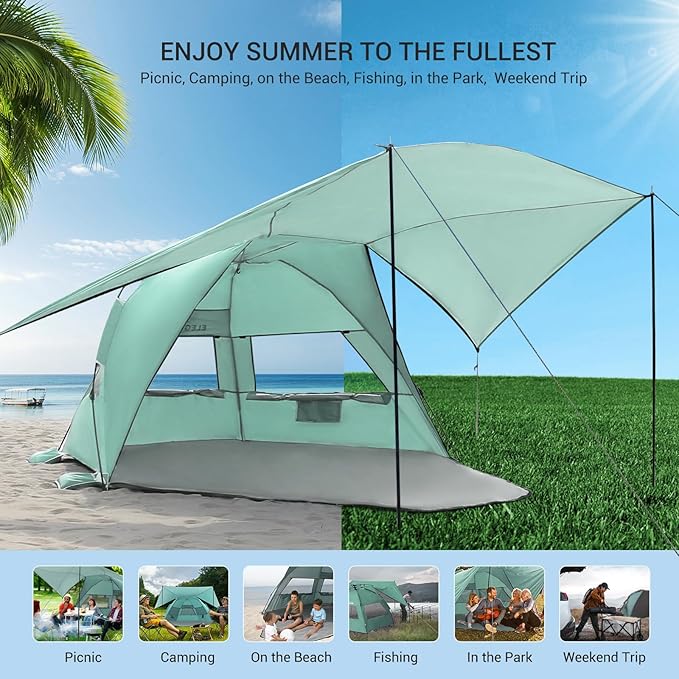 Elegear Beach Tent With 360 Removable Canopy, 4-6 Person Pop Up Sun Shade Shelter, UPF 50+ Automated Installation Double Silver Coating Portable Lightweight Cabana