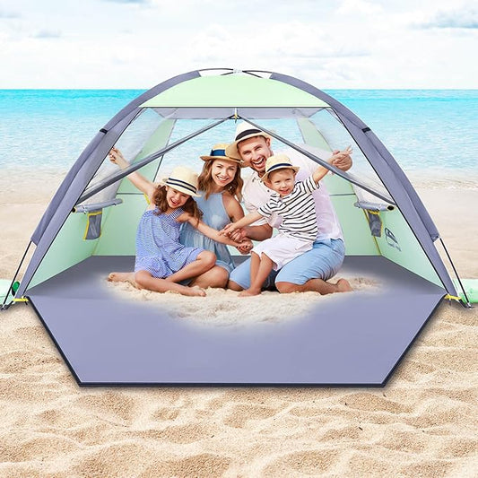 Happy Travel Beach Tent Sun Shelter for 3/4/5/6/7/8 Person, Portable UPF 50+ UV Protection Beach Shade Canopy for Family & Baby, Lightweight & Easy Setup Beach Cabana with 3 Ventilation Mesh Windows