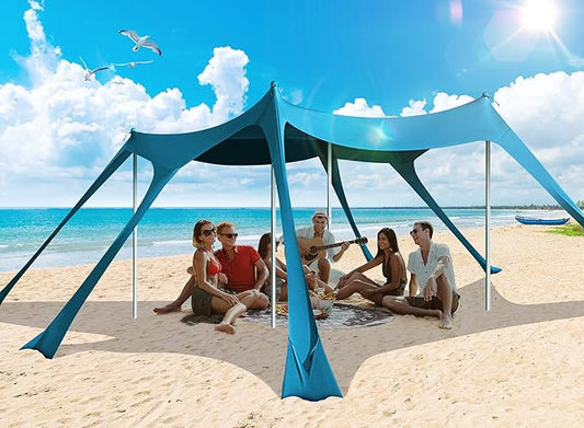Beach Tent, Camping Sun Shelter UPF50+ with 6 Sandbags, 2 Sand Shovel, 4 Stability Poles, Outdoor Pop UP Beach Canopy for Camping Trips, Fishing, Backyard Fun, Picnics-Navy Blue