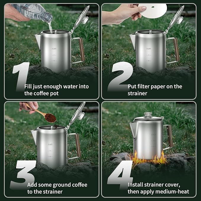 Coffee Percolator with 100pcs Coffee Filters - 9 Cups | Durable Stainless Steel Material Camping Coffee Pot| Brew Coffee On Fire, Grill or Stovetop | Ideal for Home, Camping